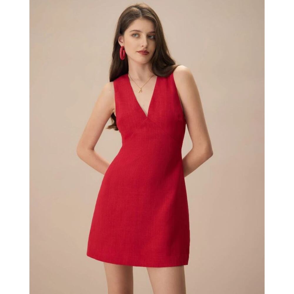 NWT Women's Rihoas The Red V Neck Sleeveless A-Line Linen Mini Dress Size XS